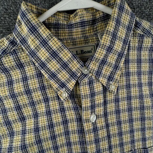 VTG LL Bean Textured Yellow Blue Plaid Long Sleeve Button Up Shirt Medium Cotton - Picture 7 of 15